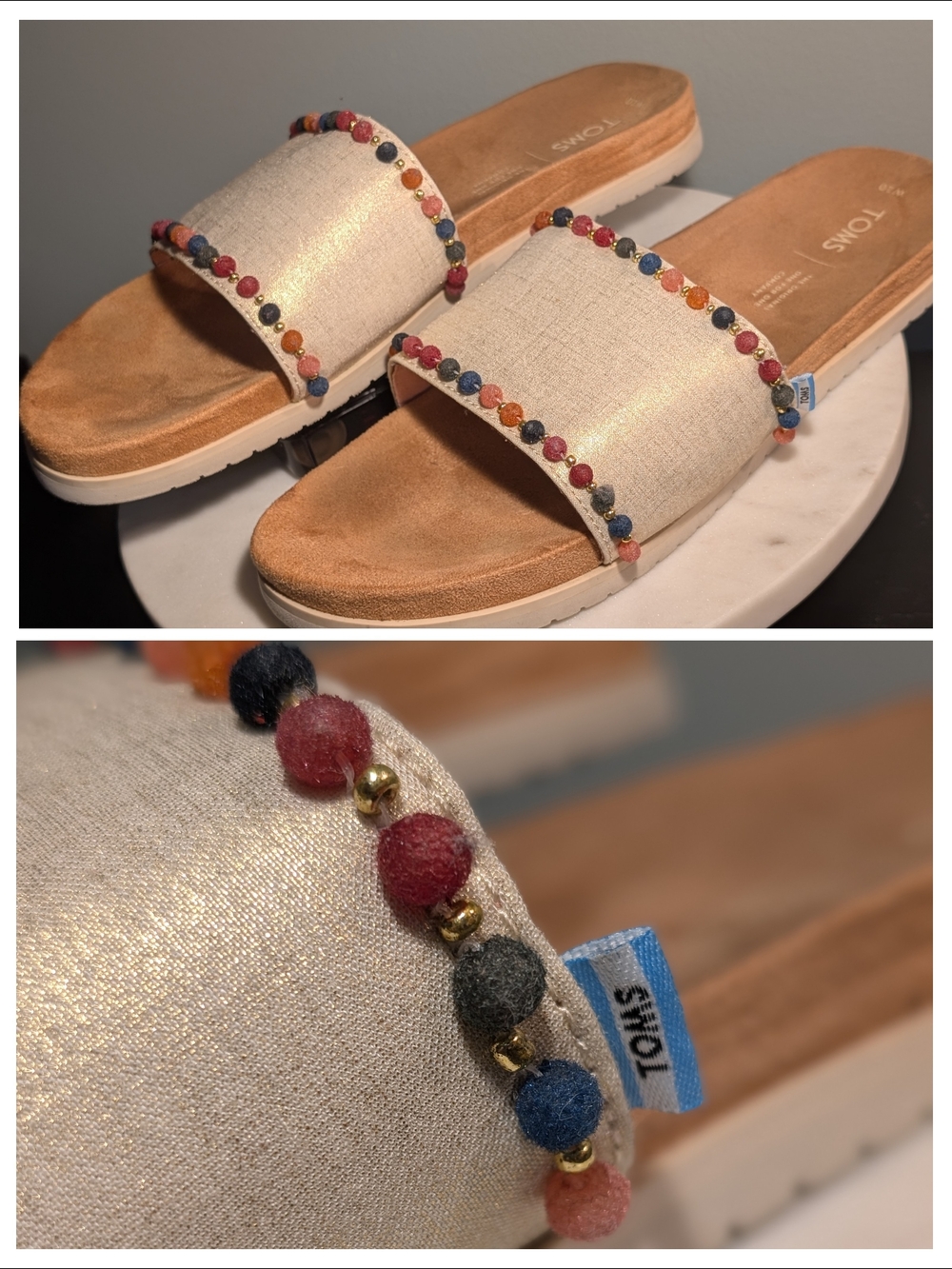 TOMS Women's Gold Shimmer Size 10 Slide Sandals with Multicolor Bead Trim